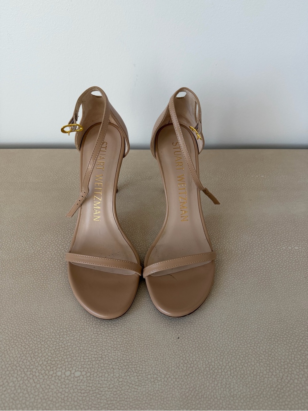 Stuart Weitzman Beige Leather Ankle-Strap Heels